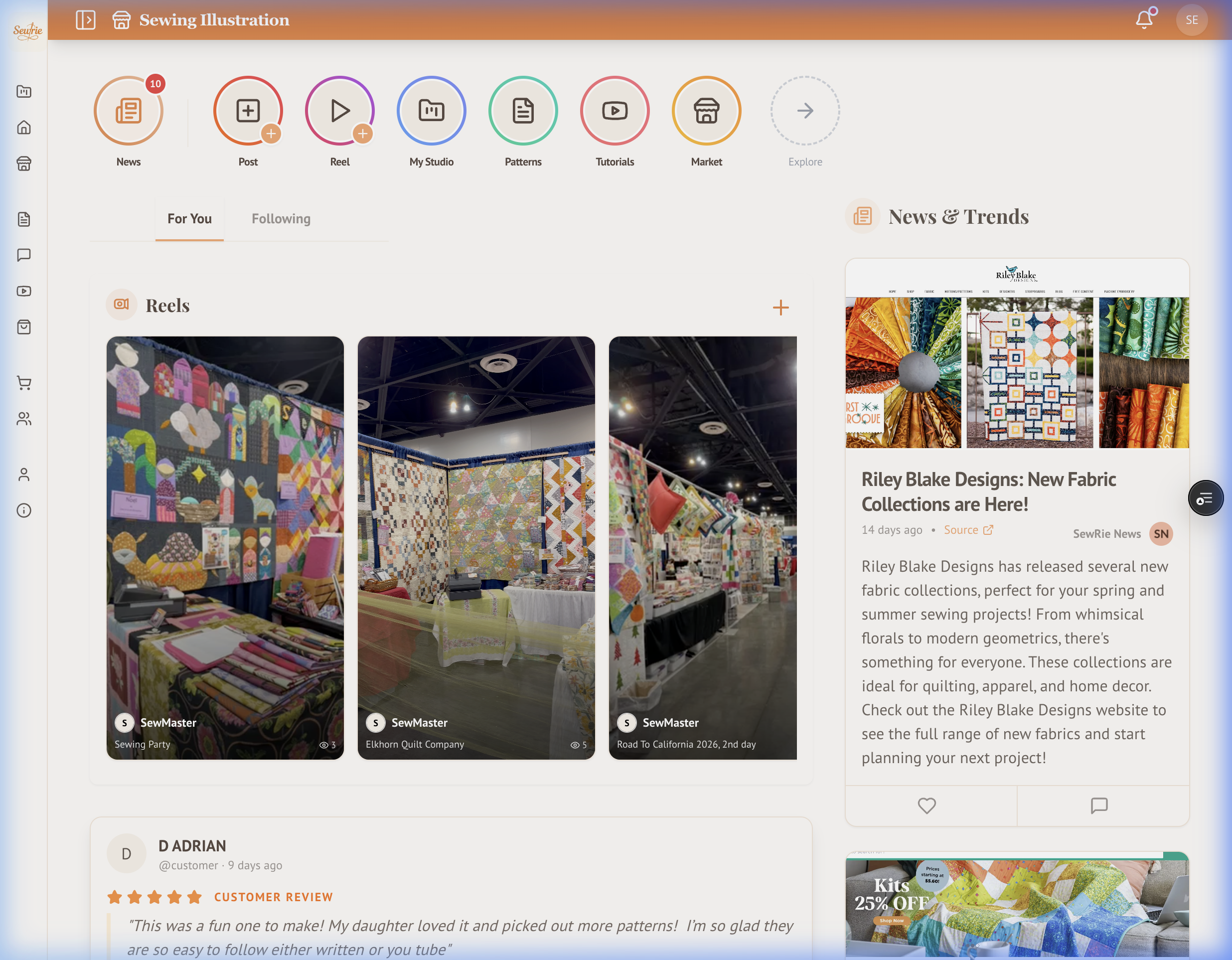 SewRie Community Feed — social posts, reels, and sewing news