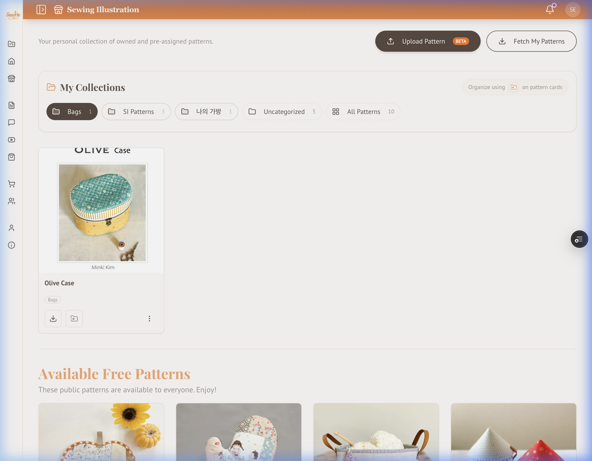 SewRie Pattern Library — organized collections with folder navigation